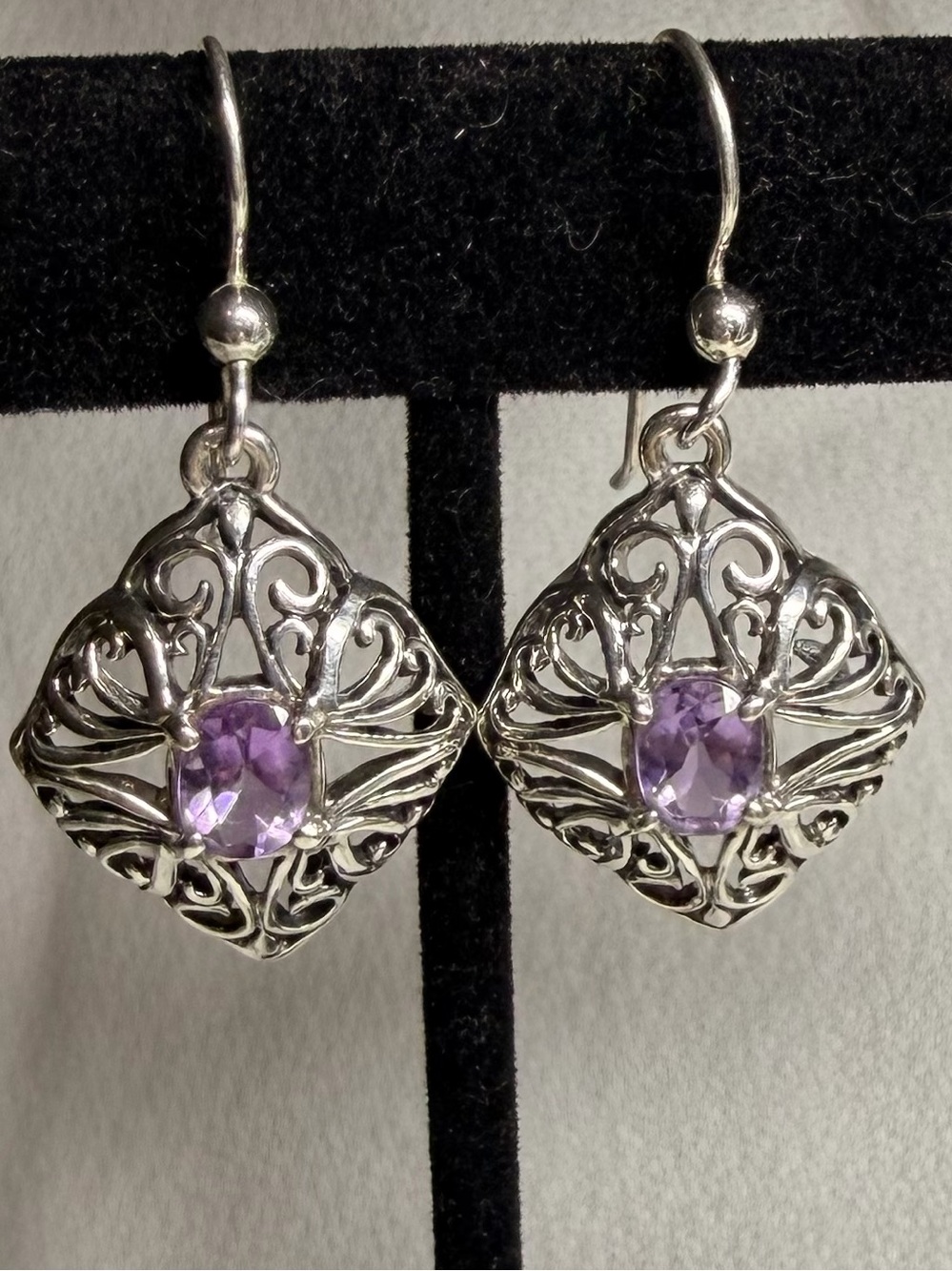 Amethyst Sterling Silver Filigree Drop Earrings-3/4”